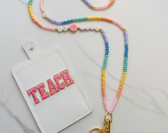 Seed bead lanyard, teacher smile lanyard, lanyard for teacher with name, rainbow lanyard, lanyard for work, teacher lanyard with name, badge