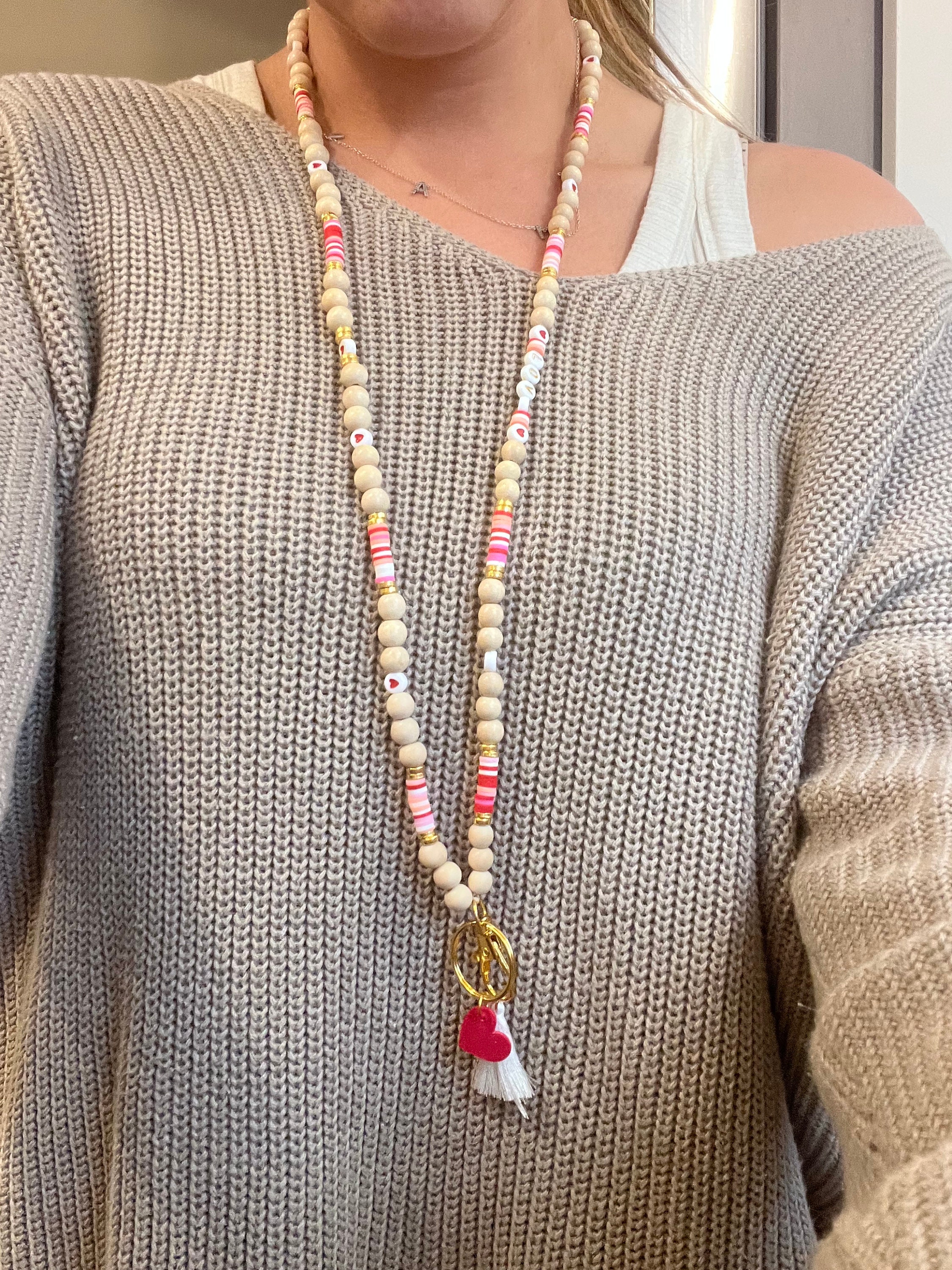 Valentine’s Day teacher lanyard, Valentine’s Day lanyard, v day gift for teacher, love lanyard, wooden lanyard, polymer clay beaded lanyard