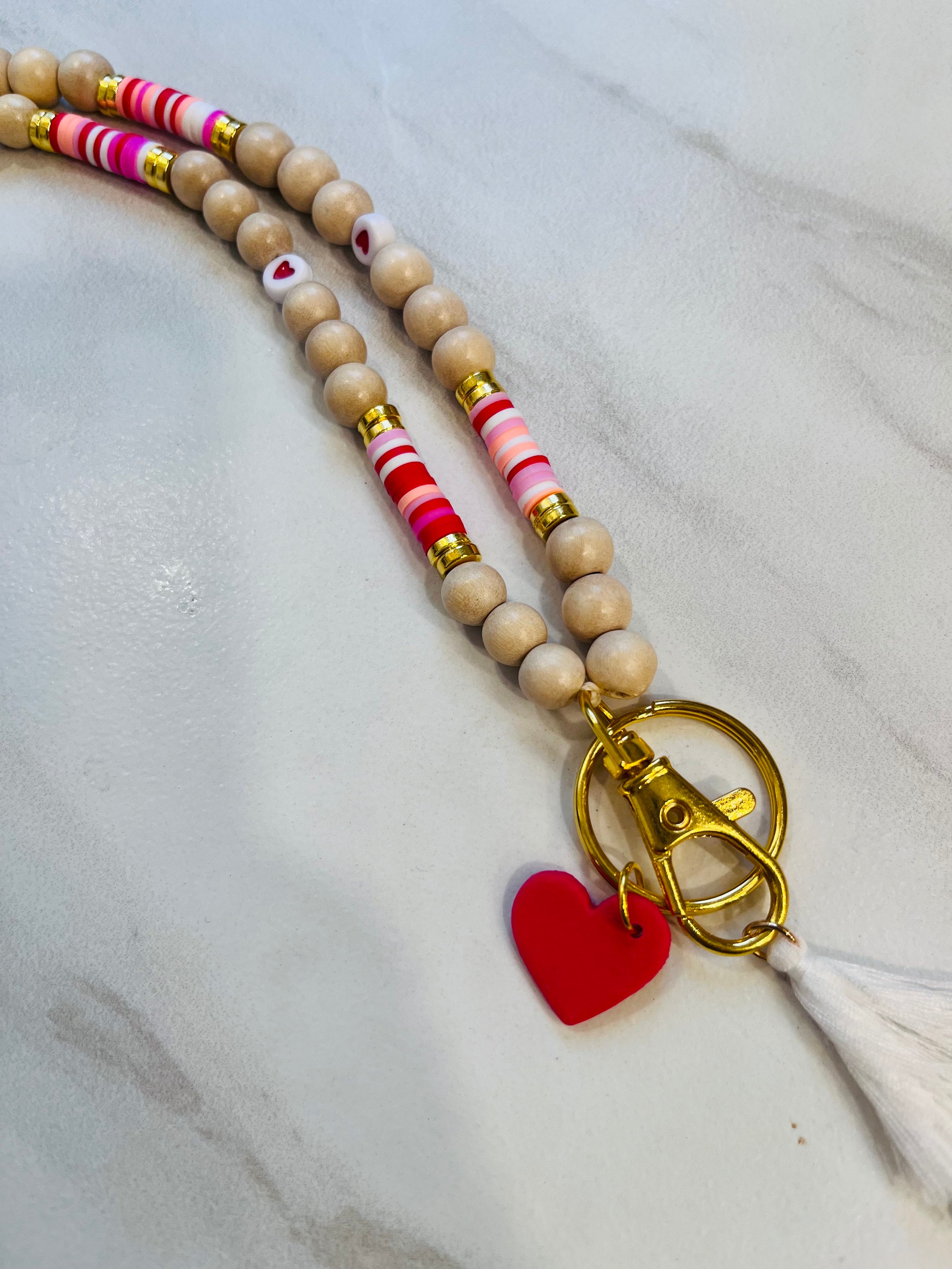 Valentine’s Day teacher lanyard, Valentine’s Day lanyard, v day gift for teacher, love lanyard, wooden lanyard, polymer clay beaded lanyard