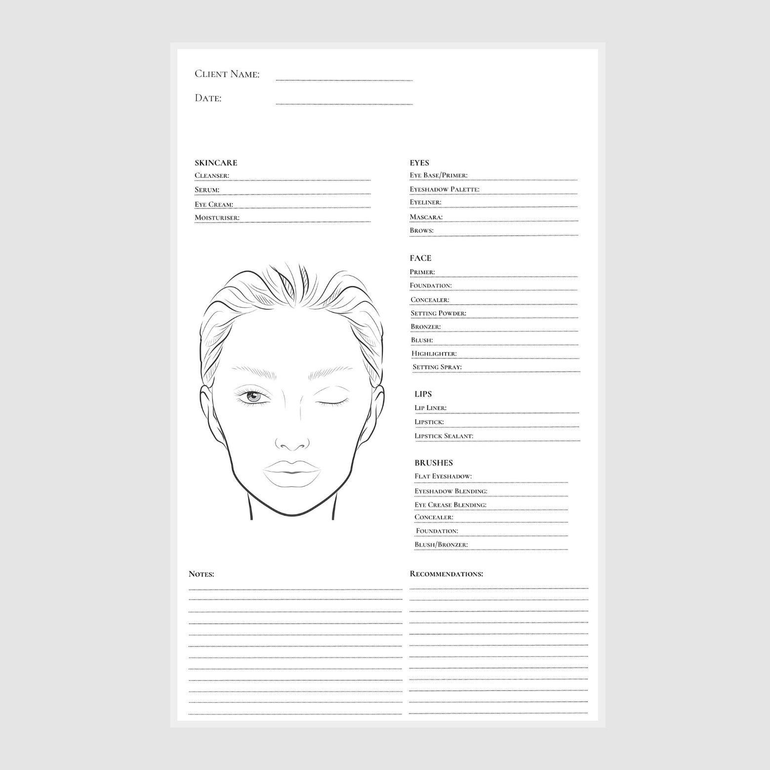 Makeup Face Chart. Face Chart. Makeup Consultation Form. Makeup ...
