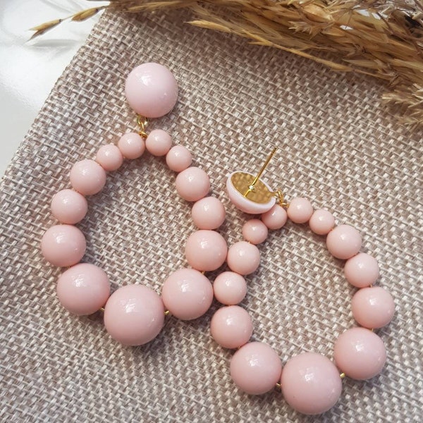 Anne Creole earrings in powder pink pearls, vintage spirit, women's gift.