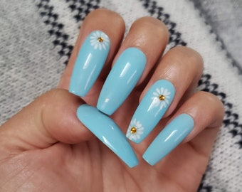 Baby Blue With Daisy Flower Gel Nail Art On Fake Nails False Etsy Osterreich