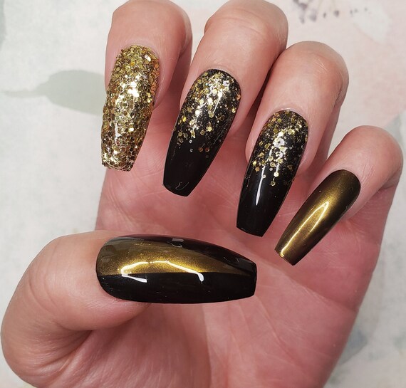 Black And Gold Chrome Glitter New Years Holidays Gel Nail Art Etsy