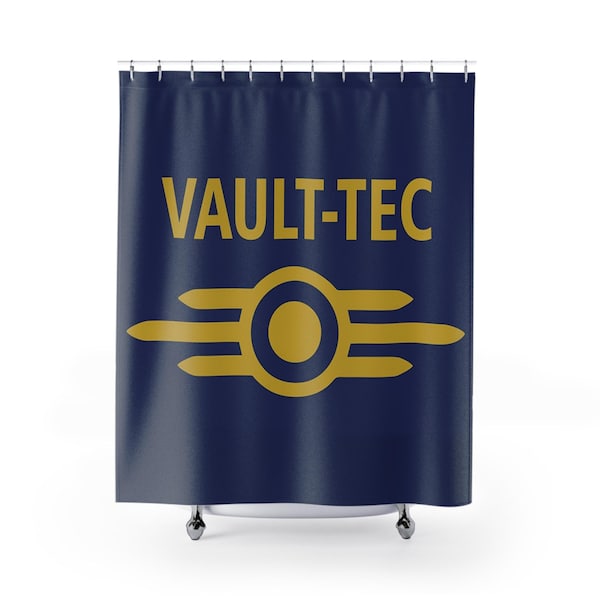 Cortina de ducha inspirada en Vault-Tec - Decoración de baño gamer - Cortina de poliéster de 180 x 190 cm con 12 ganchos, estilo retro de ciencia ficción y Fallout