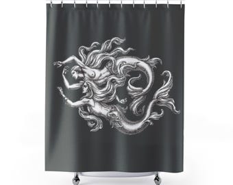 Cortina de ducha de pareja de sirenas – 180 x 190 cm – Romance oceánico – Cortina de poliéster con 12 ganchos
