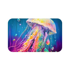 Neon Jellyfish Bath Mat – 34&quot;x21&quot; Anti-Slip Rug – Ocean Glow Microfiber Decor