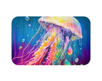 Alfombrilla de baño con diseño de medusas – Alfombra de baño con brillo oceánico neón – Microfibra antideslizante de 34x21 – Regalo para amantes del océano