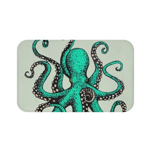 Antique Octopus Bath Mat – 34&quot;x21&quot; Anti-Slip Rug – Nautical Microfiber Decor