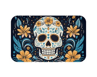 Alfombra de baño con diseño de calavera de azúcar – Alfombra de baño colorida para el Día de Muertos – Microfibra antideslizante de 34x21 pulgadas – Regalo de Halloween