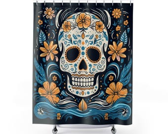 Cortina de ducha con calaveras de azúcar – Decoración colorida para el baño del Día de Muertos – 71x74 cm, poliéster, 12 ganchos – Regalo de Halloween