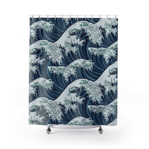 Great Wave Shower Curtain – 71&quot;x74&quot; Japanese Art – 12 Hook Holes Polyester Curtain