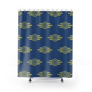 May include: A blue shower curtain with a repeating pattern of yellow Vault-Tec logos. The logo is a stylized circle with three lines extending from the top and bottom.