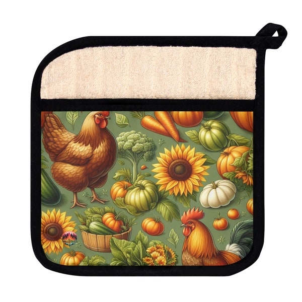 Sunny Farmstead: Charming Rooster & Sunflower Quilted Pot Holder with Handy Pocket