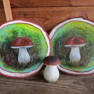 Set of home decor gift idea. Wooden slab art wood slice paintings and salt shaker Wood slice ornament Mushroom and strawberry art