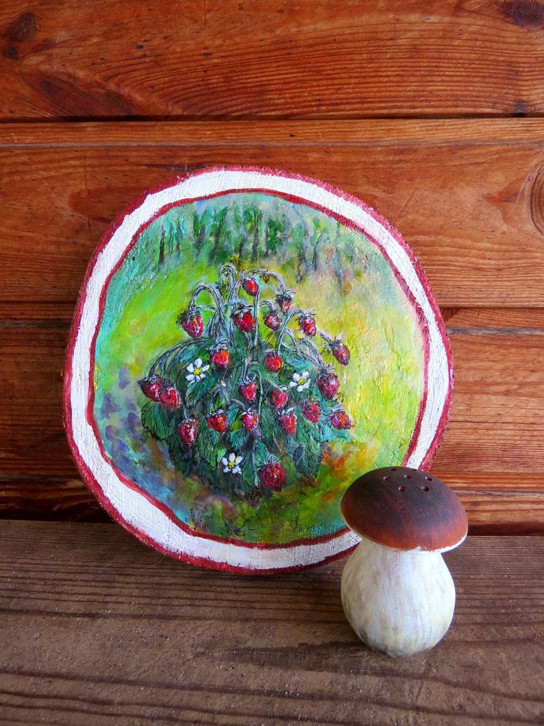 Set of home decor gift idea. Wooden slab art wood slice paintings and salt shaker Wood slice ornament Mushroom and strawberry art