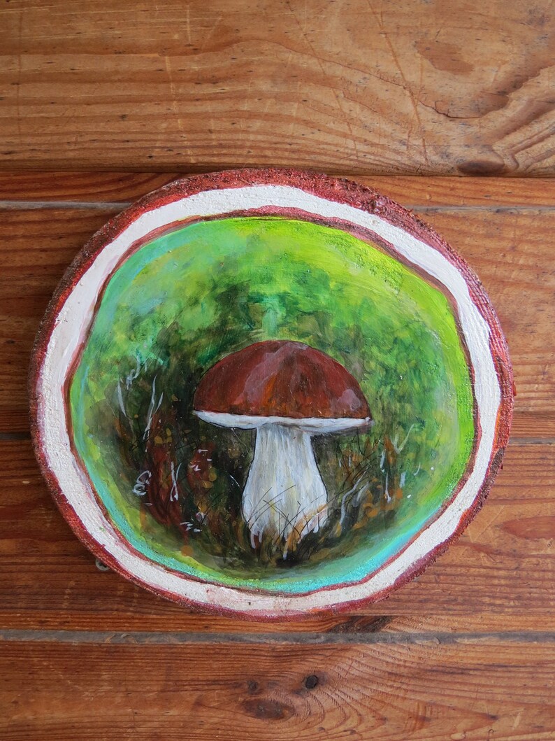 Set of home decor gift idea. Wooden slab art wood slice paintings and salt shaker Wood slice ornament Mushroom and strawberry art