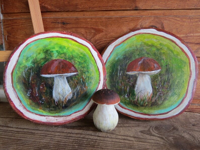 Set of home decor gift idea. Wooden slab art wood slice paintings and salt shaker Wood slice ornament Mushroom and strawberry art
