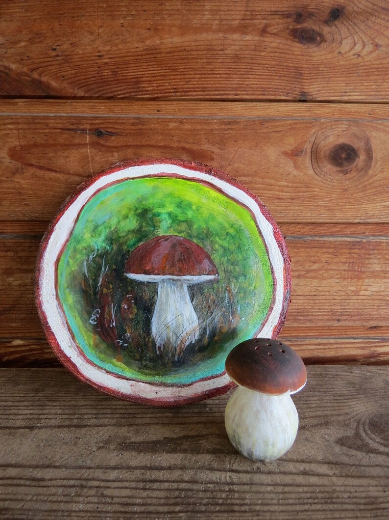 Set of home decor gift idea. Wooden slab art wood slice paintings and salt shaker Wood slice ornament Mushroom and strawberry art