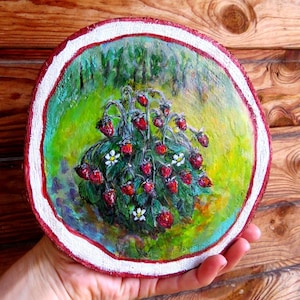 Set of home decor gift idea. Wooden slab art wood slice paintings and salt shaker Wood slice ornament Mushroom and strawberry art
