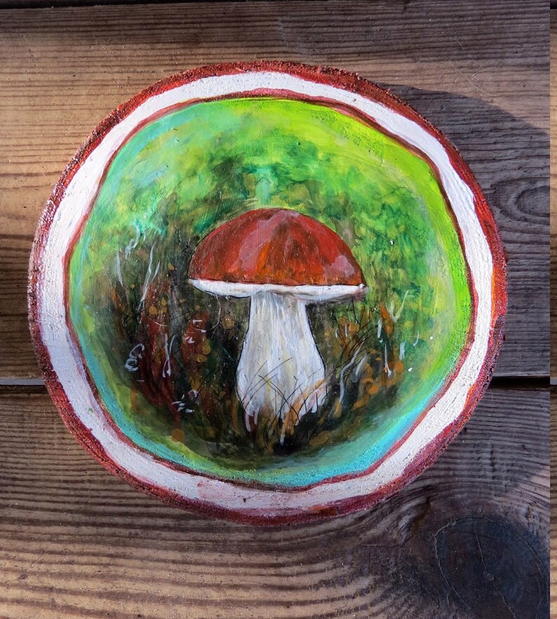 Set of home decor gift idea. Wooden slab art wood slice paintings and salt shaker Wood slice ornament Mushroom and strawberry art