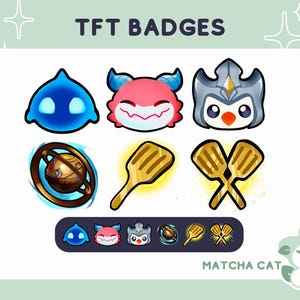 Può includere: Un set di badge di Teamfight Tactics (TFT) che presentano un drago d'acqua blu, un mostro rosa, un uccello bianco, un globo dorato, una spatola di legno e due spatole di legno incrociate. I badge sono visualizzati su uno sfondo bianco con il testo "TFT BADGES" in alto e "MATCHA CAT" in basso.