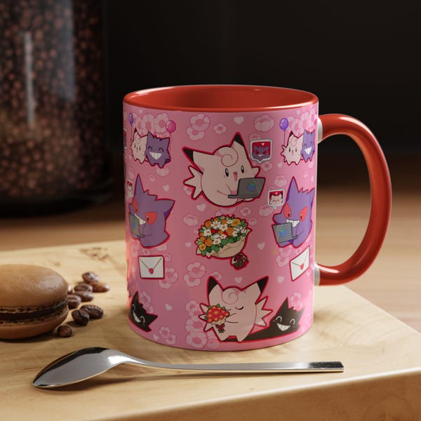 Poke Alla hjärtans dag-mugg: Gengar och Clefable / Anime-present till pojkvän och flickvän / Samlarkort / Alla hjärtans dag-present / Anpassad mugg