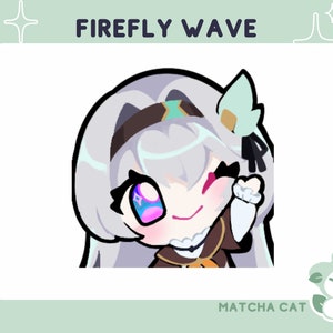 May include: A cartoon illustration of a girl with long, white hair wearing a brown and green outfit. She has a mischievous expression on her face and is winking. The image is titled "FIREFLY WAVE" and has a small cartoon cat in the bottom right corner.