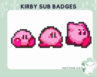 May include: Three pink pixelated Kirby characters in different sizes. The smallest Kirby is round, the middle Kirby is slightly taller and wider, and the largest Kirby is standing upright. The text "KIRBY SUB BADGES" is at the top of the image. The text "MATCHA CAT" is at the bottom of the image.