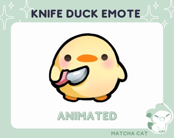 May include: Animated digital sticker of a yellow duck holding a knife. The duck has a pink blush on its cheeks and a small orange beak. The text "KNIFE DUCK EMOTE" is above the duck and the text "ANIMATED" is below the duck.