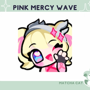 Può includere: Illustrazione di un personaggio dei cartoni animati con capelli biondi, dettagli rosa e una mano che saluta. Il testo "PINK MERCY WAVE" è in alto. Il personaggio ha un'espressione allegra con occhi scintillanti. Il logo Matcha Cat è in basso.