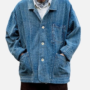 Japanese Organic Discharge Dye Cotton Hand-Stitched Sashiko Triangle Worker Jacket Blue Men's Coat Regular Fit image 2