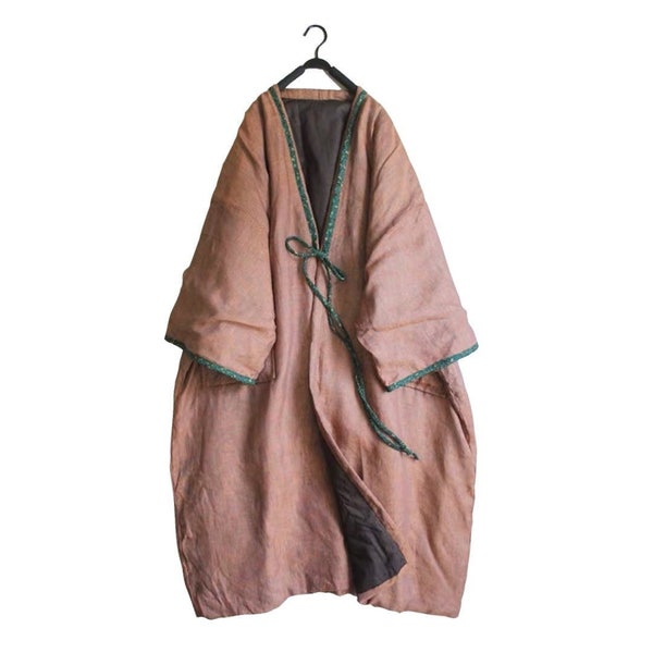 Japanese Brownish Cotton Flax Traditional Haori Long Padded Kimono Noragi Haori Hanten Jacket | Women | Hand Stitching