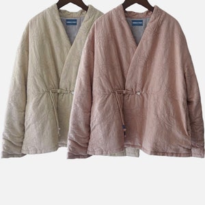 Japanese Women Traditional Haori Padded Jacquard Kimono Noragi Jacket | Cotton | Indigo Union | 2 Colors - Pink & Cream White