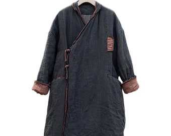 Giacca da donna tradizionale Haori in patchwork nero stile giapponese, lunga e oversize, imbottita in cotone e lino, kimono Noragi / Unione indaco