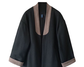 Japanese Handmade Black & Brown Traditional Kimono Padded Noragi Hanten Jacket | Unisex