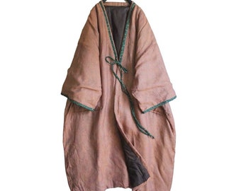 Kimono lungo imbottito tradizionale Haori in lino di cotone brunastro giapponese Giacca Noragi Haori Hanten / Donna / Cucitura a mano