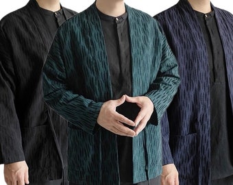 Japanese Style Cotton Linen Jacquard Minimal Kimono Noragi Hanten Jacket | 3 Colors - Black, Blue, Green | Unisex | Tie Front