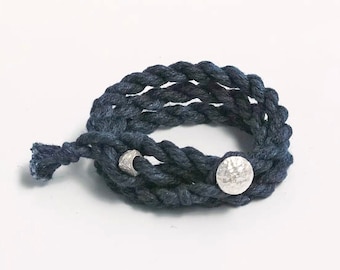 Japanese Handmade Organic Plant Dye Silver Buckle Three Loops Woven Bracelet | Ramie | Indigo Dye | Tie Dye | 50cm | Unisex | Thick Edition