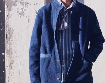 Japanese Indigo Blue Washed Organic Plant Hand-Stitched Sashiko Kendo Fabric Collarless Jacket | Unisex | Tailor Made Available