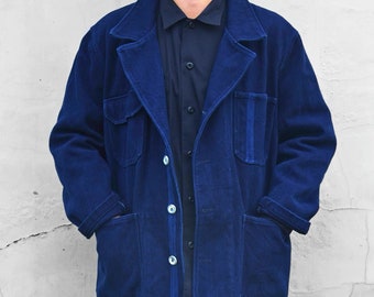Japanese Indigo Union Blue Organic Plant Dye Hand-Dye Unisex Herringbone Heavy Washed Military Worker Jacket