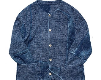 Japanese Indigo Blue Organic Plant Hand Dyed Hand-Stitched Sakura Sashiko Patchwork Coat Jacket | Unisex | Heavyweight | Collarless
