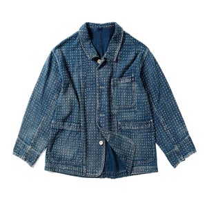 Japanese Organic Discharge Dye Cotton Hand-Stitched Sashiko Triangle Worker Jacket | Blue | Men's Coat | Regular Fit