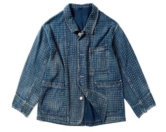 Japanese Organic Plant-Dyed Cotton Hand-Stitched Sashiko Worker Jacket | Blue | Men's Coat | Regular Fit