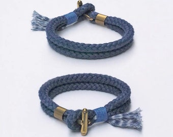 Japanese Handmade Organic Plant Dye Golden Brass "T” Buckle Adjustable Woven Bracelet | Ramie | Indigo Dye | Tie Dye | 2 Sizes - 4mm & 6mm