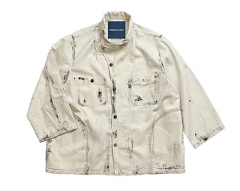 Japanese Cream White Patchwork Retro Worker Jacket | Unisex | Cotton Coat | Spring Collection | Hand-Stitched