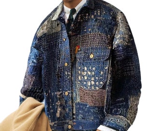Japanese Fully Handmade Boro Patchwork Denim Jacket | Blue Cotton Organic Plant Dye | Unique Pattern | Unisex | Tailor Made Available