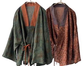 Japanese Floral Women’s Traditional Linen Haori  Jacket | Kimono Noragi | Relaxed Fit | 2 Colors - Green & Brown