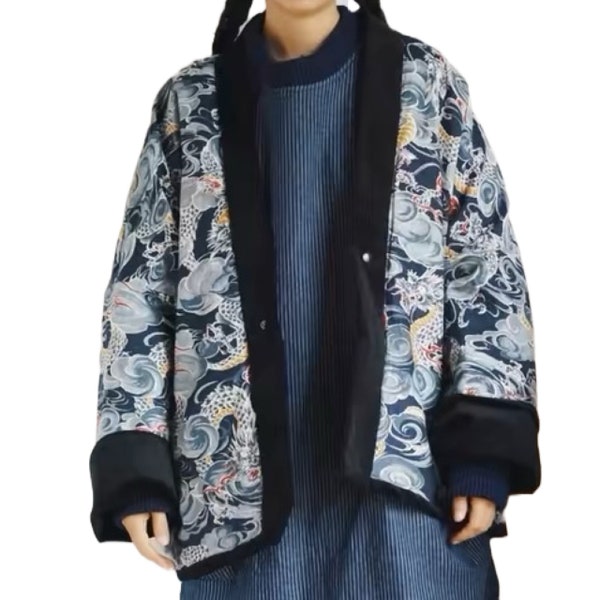 Japanese Style Black Corduroy Dragon Women's Reversible Haori Jacket | Kimono Noragi | One Size | Limited Edition