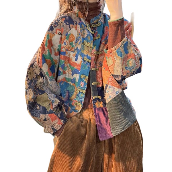 Veste haori folklorique rouge feuille d'érable du Japon | Kimono matelassé patchwork pour femme avec boucle Hanten et noragi | Taille unique