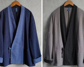 Japanese Haori Flax Fabric Kimono Noragi Cloak Cape Patchwork Two Tone Hanten Jacket | Indigo Union | 2 Colors - Blue & Grey